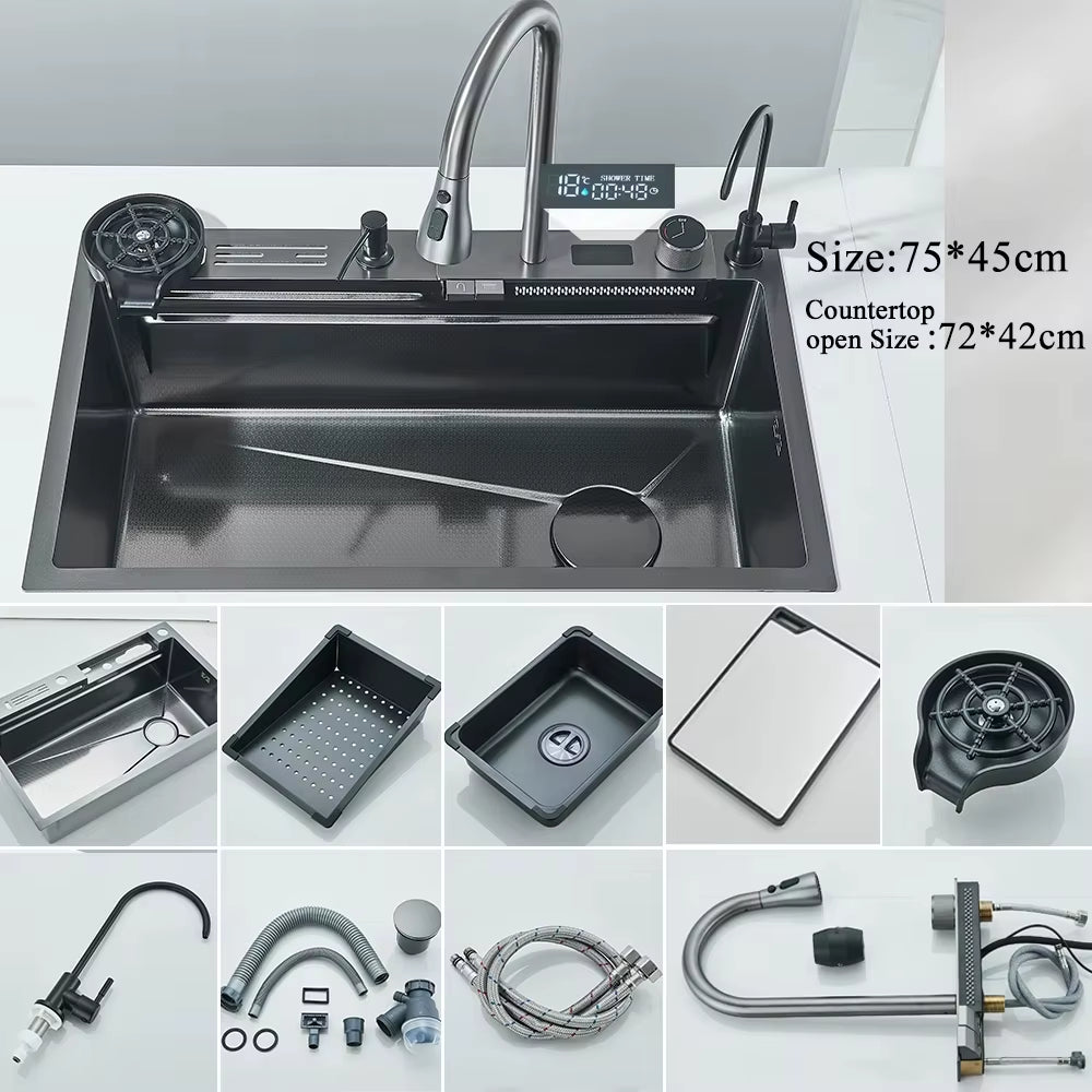 Stainless Steel Waterfall Kitchen Sink with Integrated Digital Faucet, Soap Dispenser, and Cup Washer