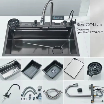 Stainless Steel Waterfall Kitchen Sink with Integrated Digital Faucet, Soap Dispenser, and Cup Washer
