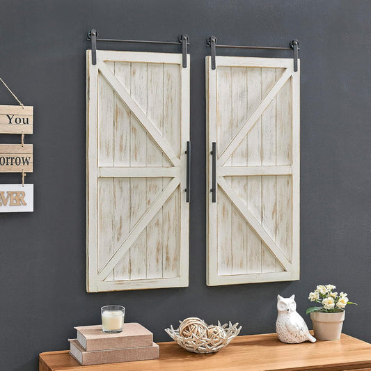 White Carriage Barn Door Wall Plaque – 2PC Vintage Farmhouse Wall Decor Set