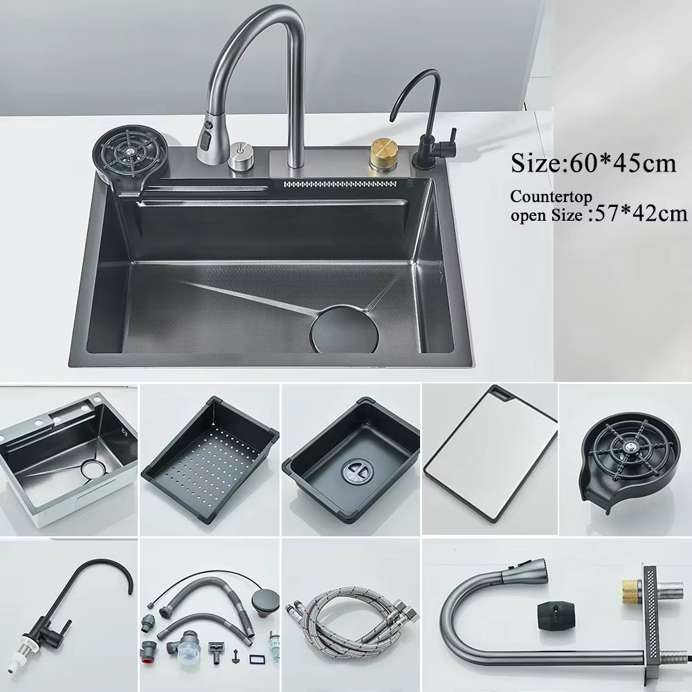 Stainless Steel Waterfall Kitchen Sink with Integrated Digital Faucet, Soap Dispenser, and Cup Washer
