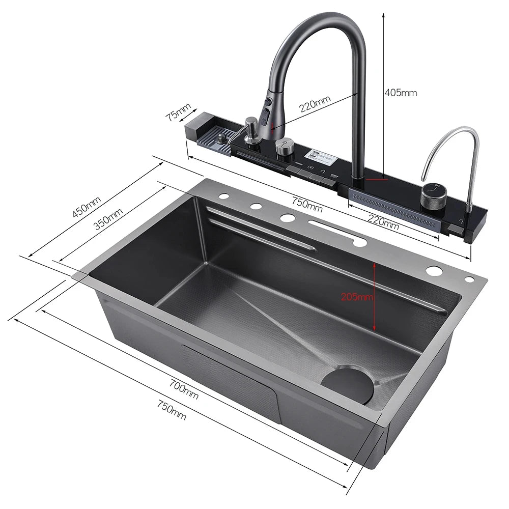 Stainless Steel Waterfall Kitchen Sink with Integrated Digital Faucet, Soap Dispenser, and Cup Washer