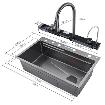Stainless Steel Waterfall Kitchen Sink with Integrated Digital Faucet, Soap Dispenser, and Cup Washer