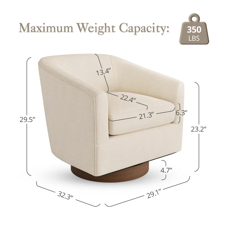 Forno Cream Upholstered Swivel Barrel Chair with Wood Base styled for a cozy modern home