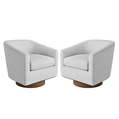 Forno Light Grey Upholstered Swivel Barrel Chair with Wood Base styled for a cozy modern home