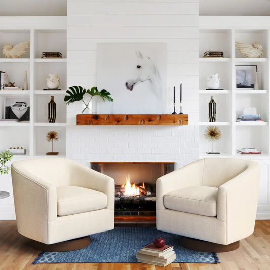 Forno Upholstered Swivel Barrel Chair with Wood Base styled for a cozy modern home