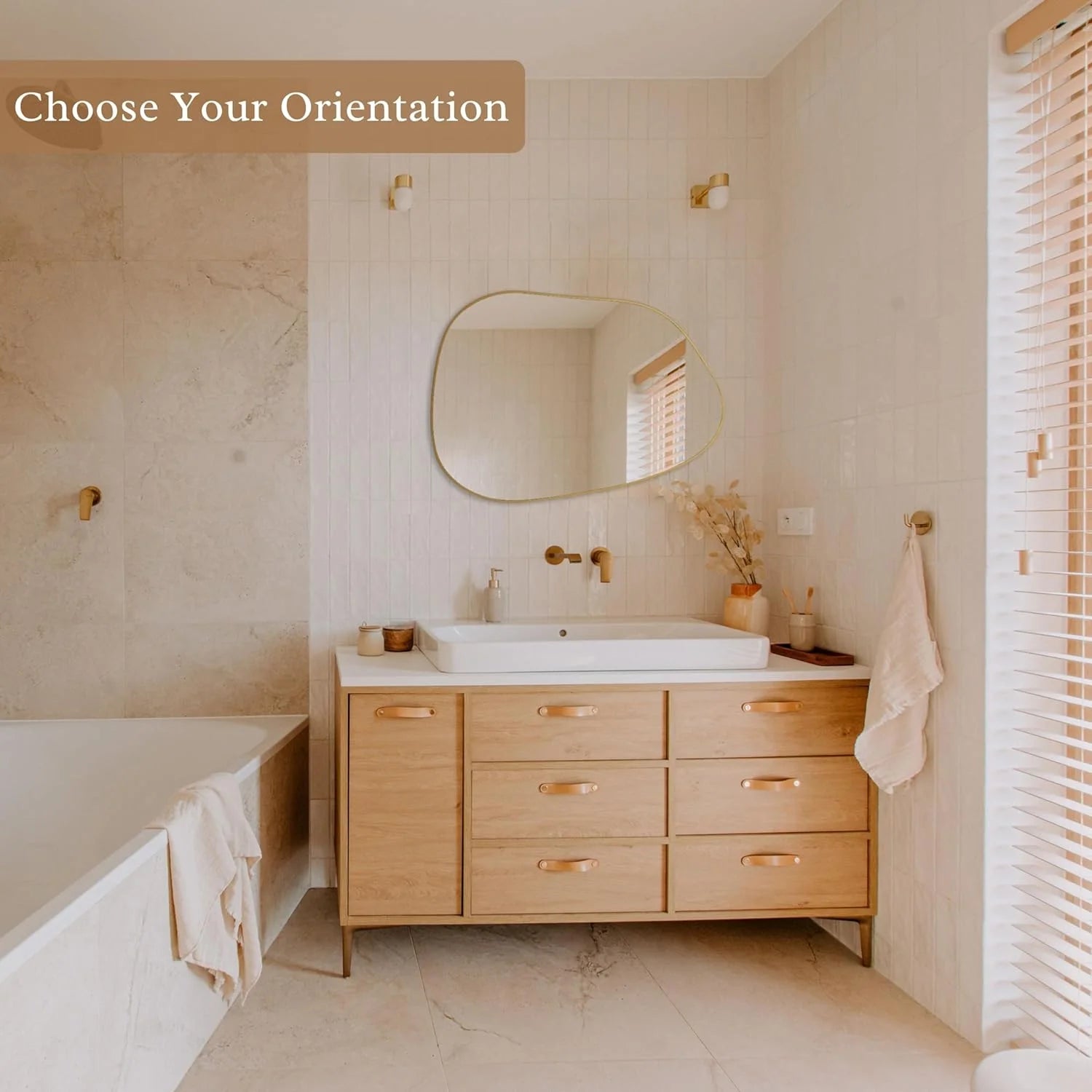 Asymmetrical Wall Mirror with Golden Wood Frame styled for a cozy modern home
