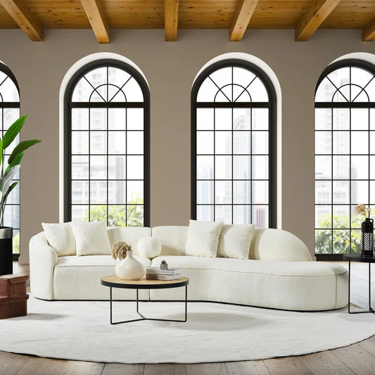 Japandi-Style Luxury Curvy Boucle Cream Sectional Sofa styled for a cozy modern home