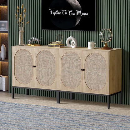 large-natural-oak-finish-boho-sideboard-storage-cabinet-four-hand-woven-rattan-doors-winnow-foundry-co
