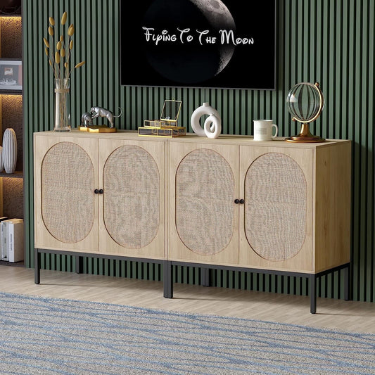 large-natural-oak-finish-boho-sideboard-storage-cabinet-four-hand-woven-rattan-doors-winnow-foundry-co