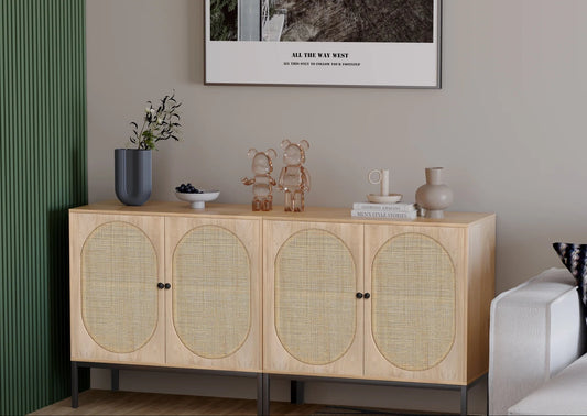 large-natural-oak-finish-boho-sideboard-storage-cabinet-four-hand-woven-rattan-doors-winnow-foundry-co