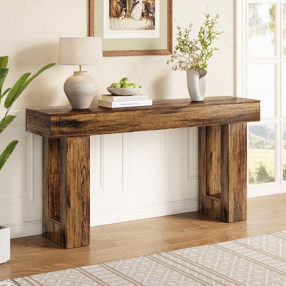 Rustic Brown Wooden Console Table styled for a cozy modern home