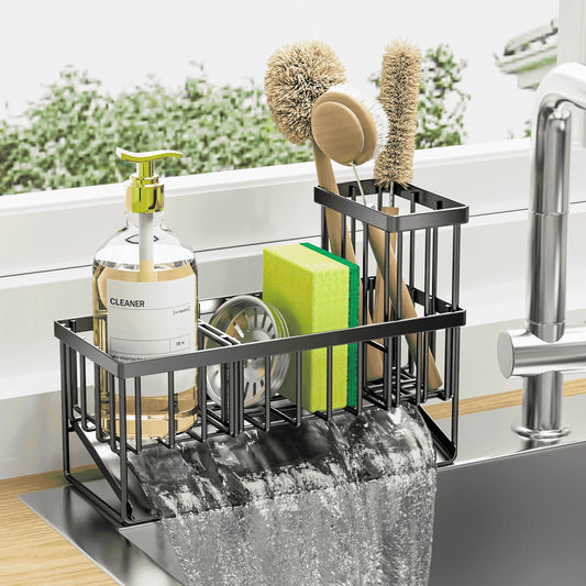 Kitchen Sink Caddy — Waterproof, Rustproof Stainless Steel Sponge & Brush Organizer (Black)