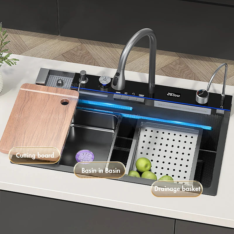 Stainless Steel Waterfall Kitchen Sink with Integrated Digital Faucet, Soap Dispenser, and Cup Washer