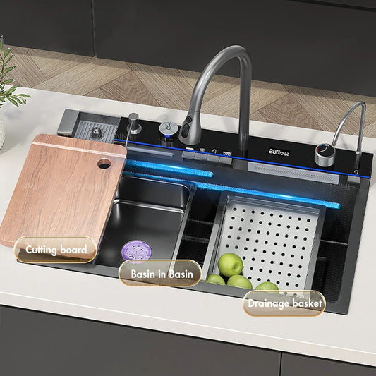 Stainless Steel Waterfall Kitchen Sink with Integrated Digital Faucet, Soap Dispenser, and Cup Washer