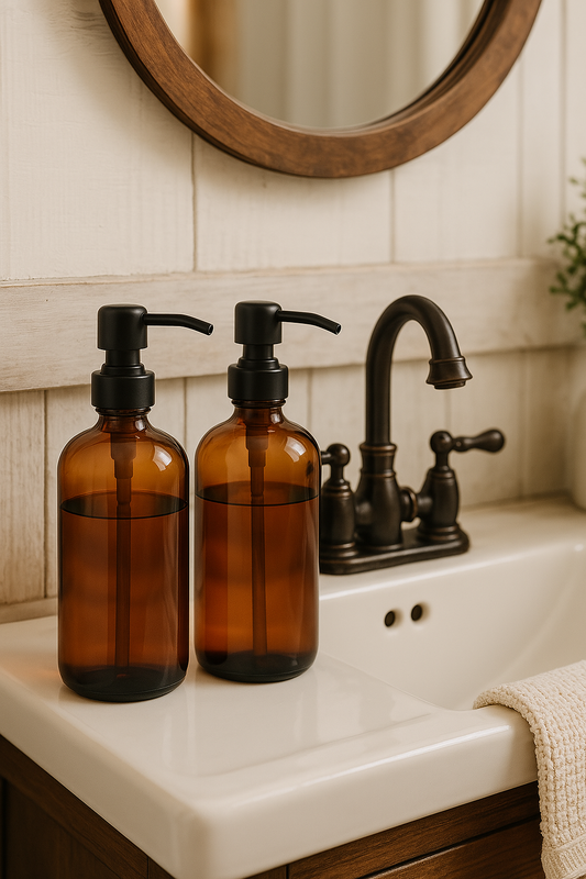 Amber Glass Soap Dispenser Set – 2 Pack